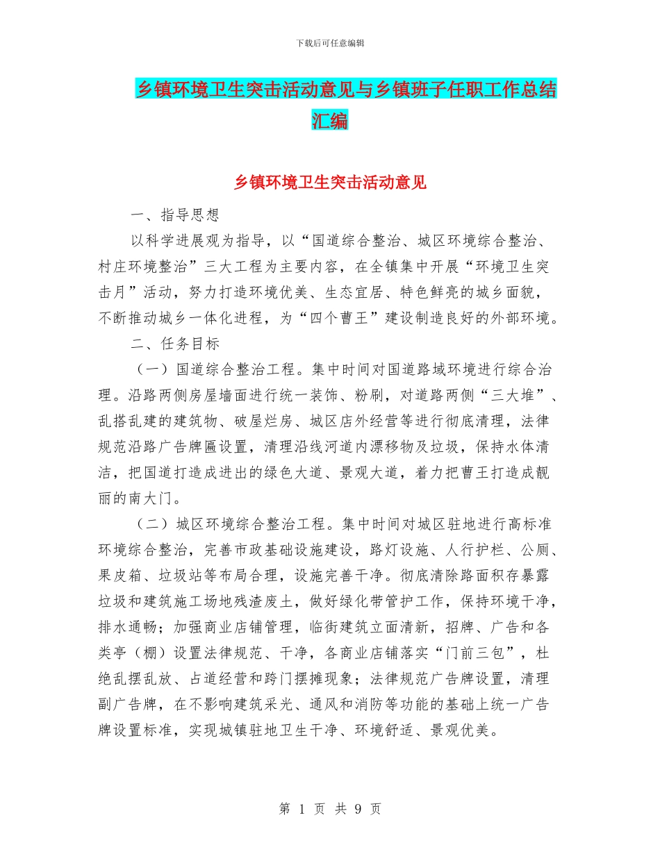 乡镇环境卫生突击活动意见与乡镇班子任职工作总结汇编_第1页