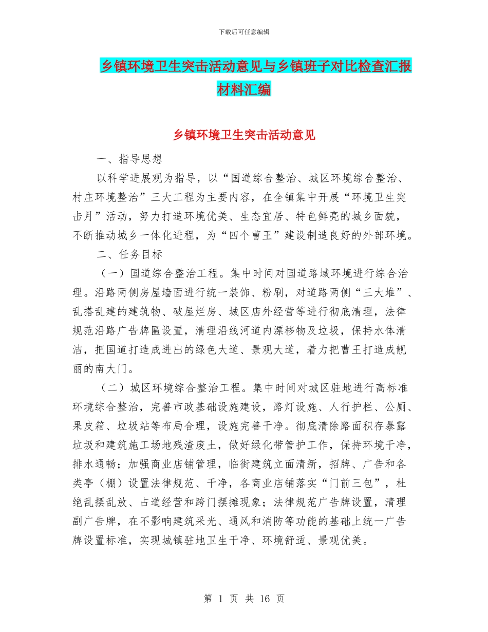 乡镇环境卫生突击活动意见与乡镇班子对照检查汇报材料汇编_第1页