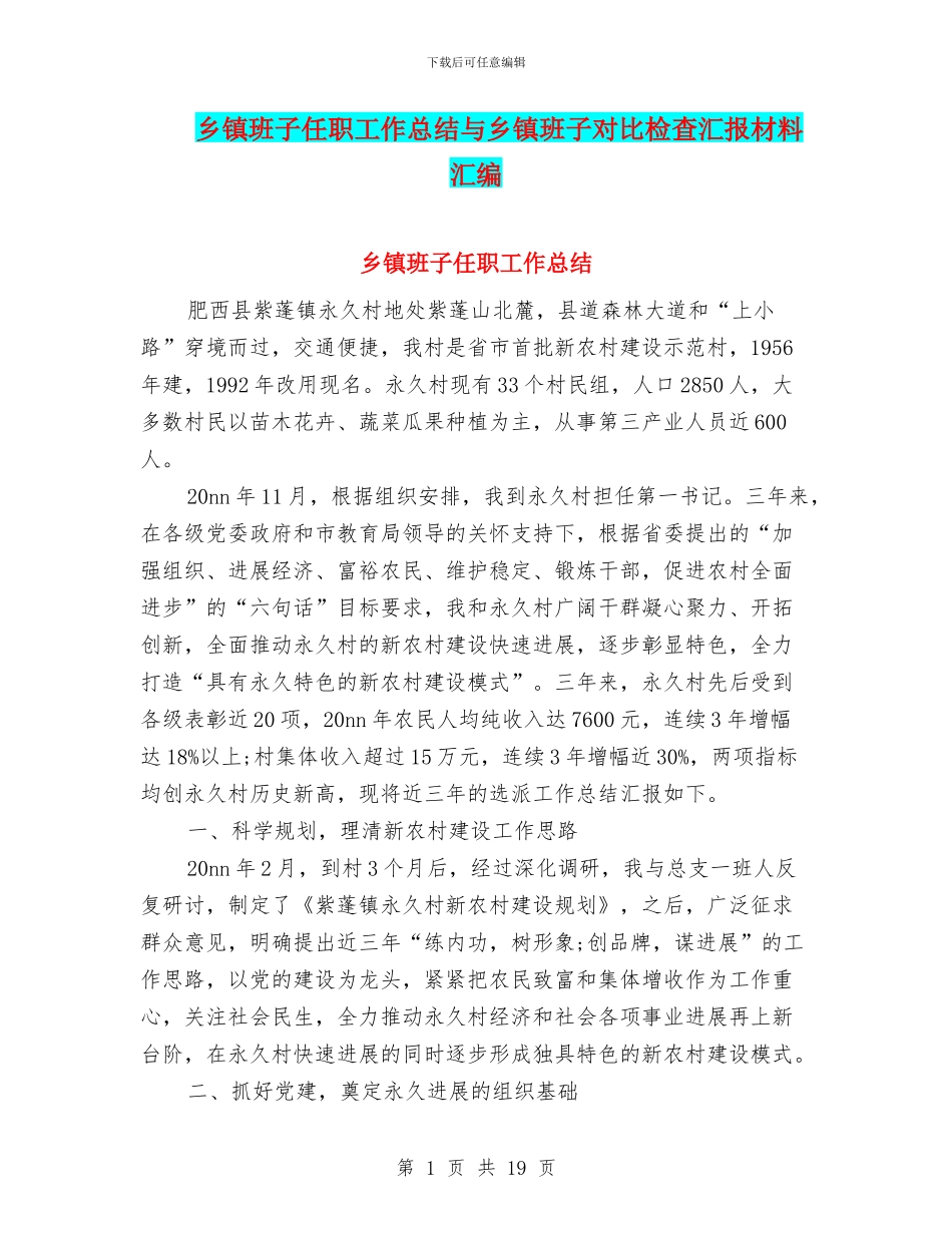 乡镇班子任职工作总结与乡镇班子对照检查汇报材料汇编_第1页