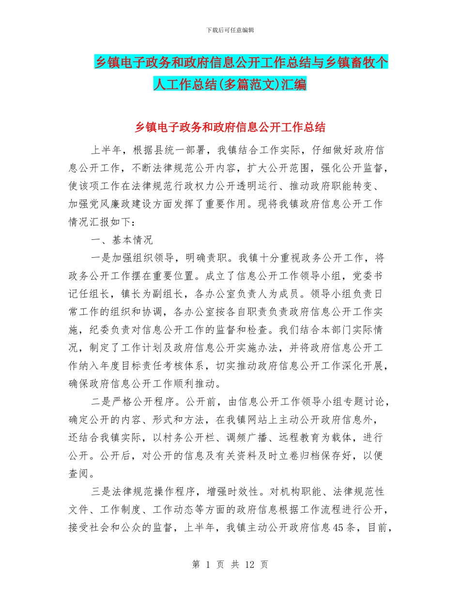 乡镇电子政务和政府信息公开工作总结与乡镇畜牧个人工作总结汇编_第1页