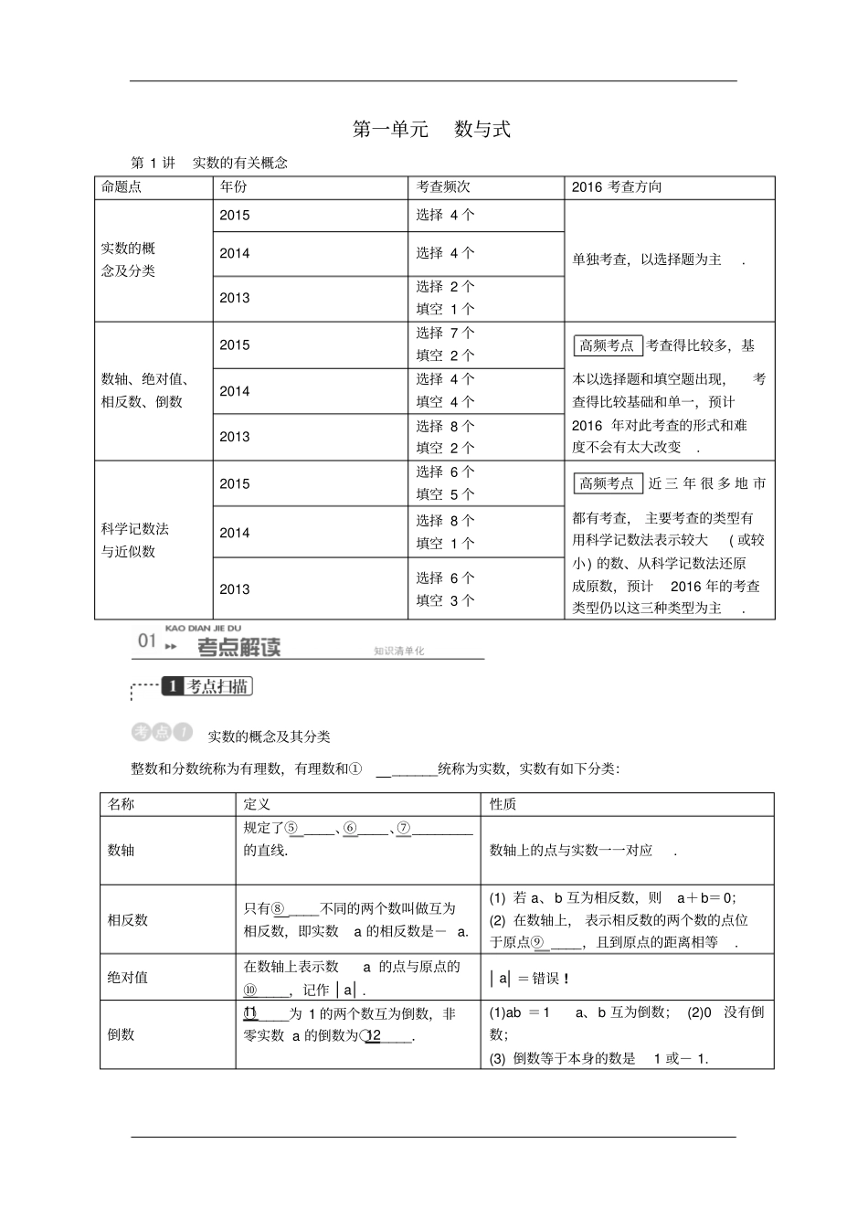 中考数学专题复习集训：第1讲+实数的有关概念人教版含答案_第1页