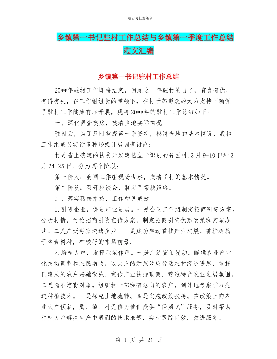 乡镇第一书记驻村工作总结与乡镇第一季度工作总结范文汇编_第1页