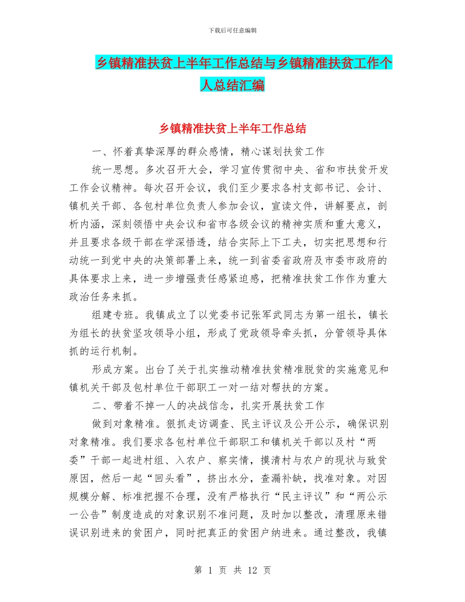 乡镇精准扶贫上半年工作总结与乡镇精准扶贫工作个人总结汇编_第1页