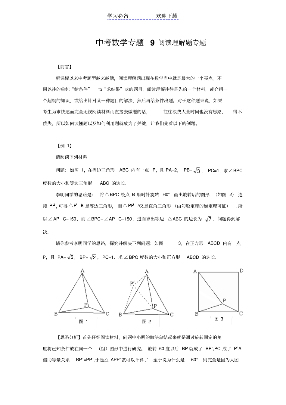 中考数学专题阅读理解题专题_第1页