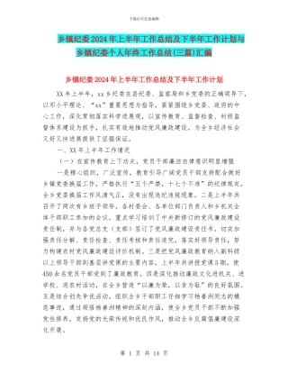 乡镇纪委2024年上半年工作总结及下半年工作计划与乡镇纪委个人年终工作总结汇编