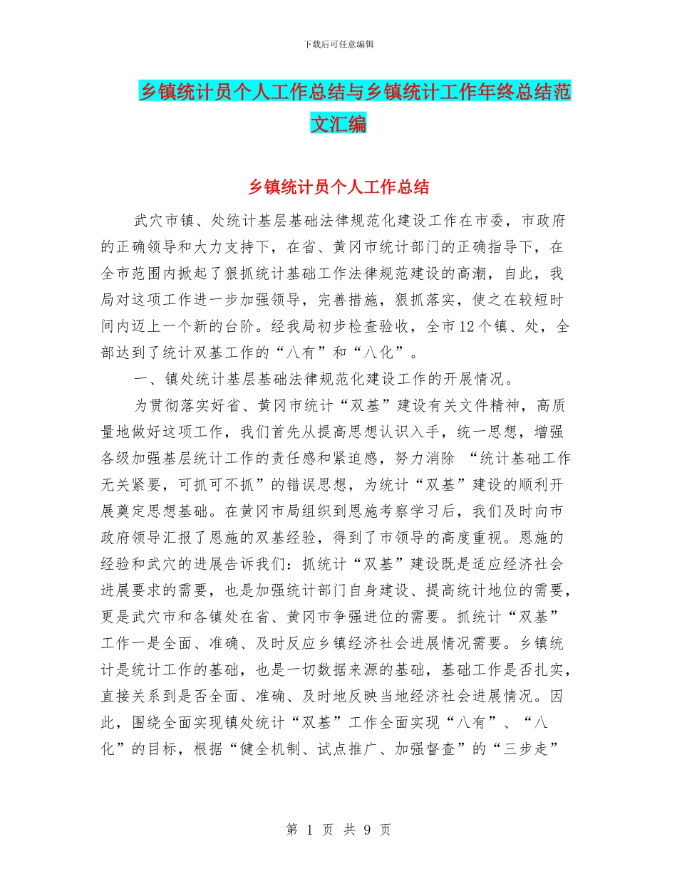 乡镇统计员个人工作总结与乡镇统计工作年终总结范文汇编_第1页