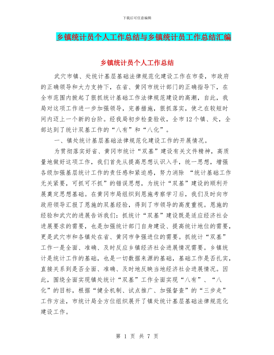 乡镇统计员个人工作总结与乡镇统计员工作总结汇编_第1页