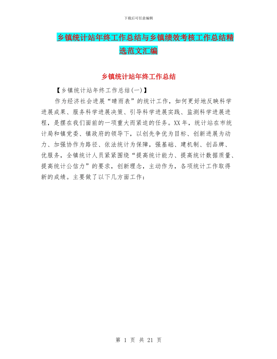乡镇统计站年终工作总结与乡镇绩效考核工作总结精选范文汇编_第1页