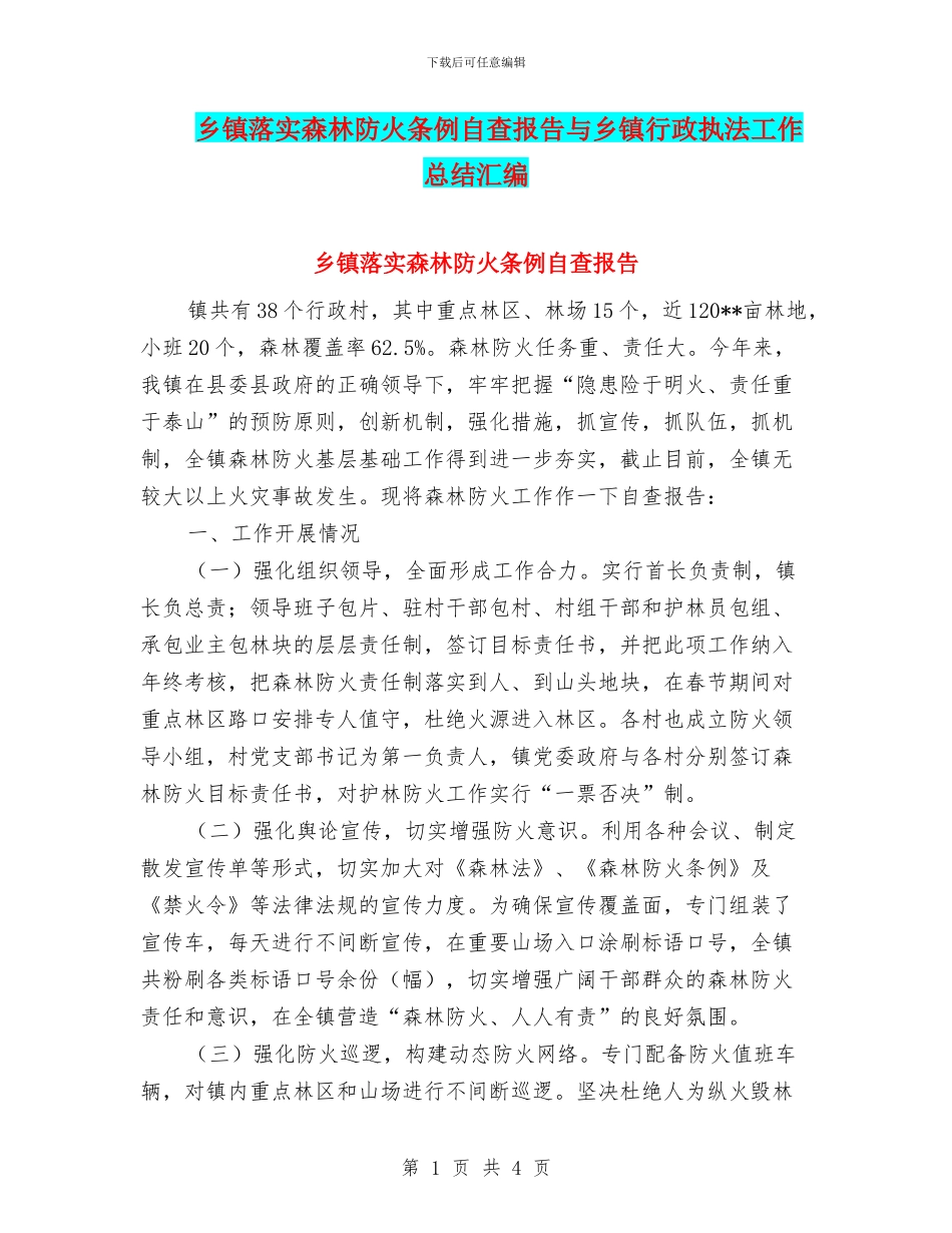 乡镇落实森林防火条例自查报告与乡镇行政执法工作总结汇编_第1页