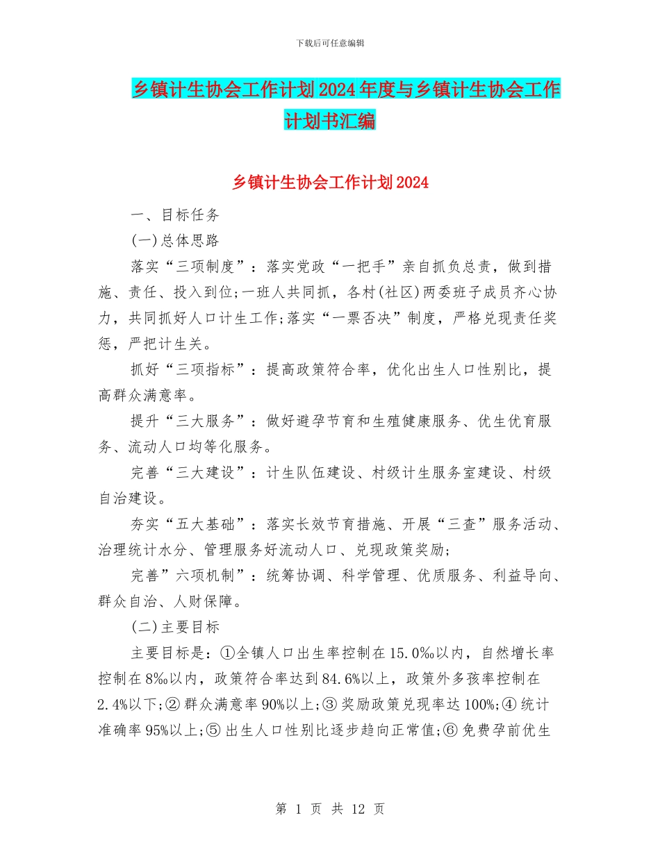 乡镇计生协会工作计划2024年度与乡镇计生协会工作计划书汇编_第1页