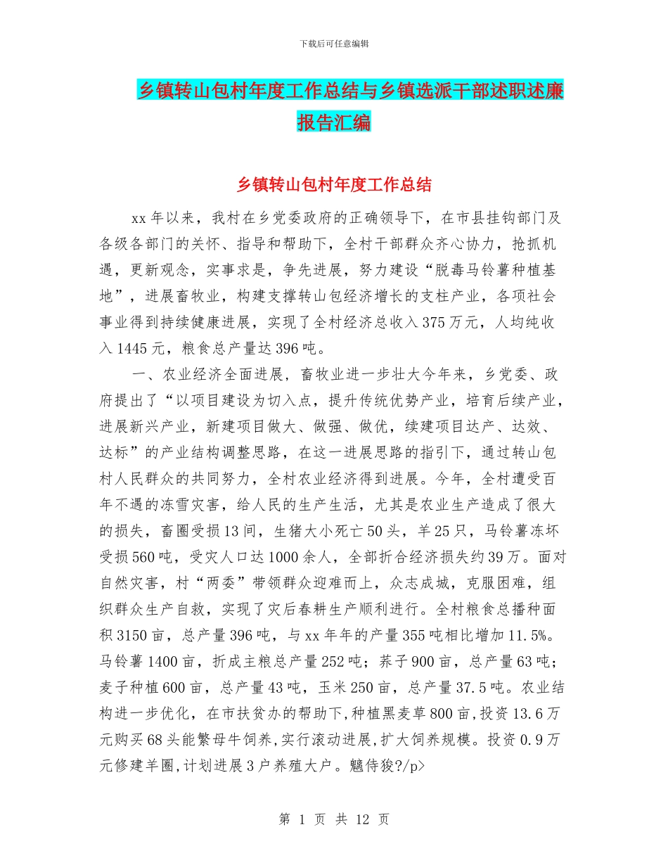 乡镇转山包村年度工作总结与乡镇选派干部述职述廉报告汇编_第1页