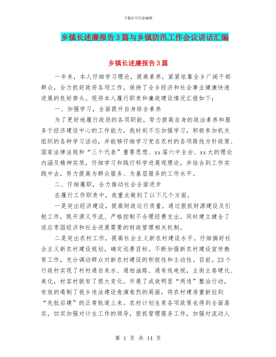 乡镇长述廉报告3篇与乡镇防汛工作会议讲话汇编_第1页
