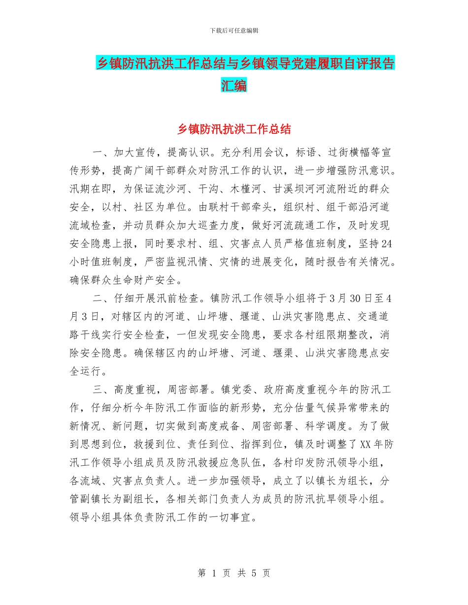 乡镇防汛抗洪工作总结与乡镇领导党建履职自评报告汇编_第1页
