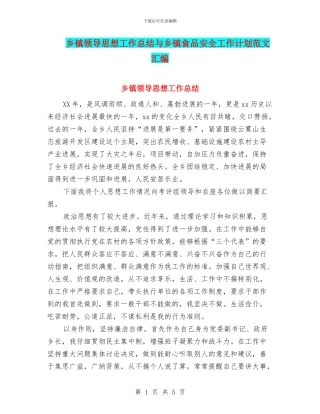 乡镇领导思想工作总结与乡镇食品安全工作计划范文汇编