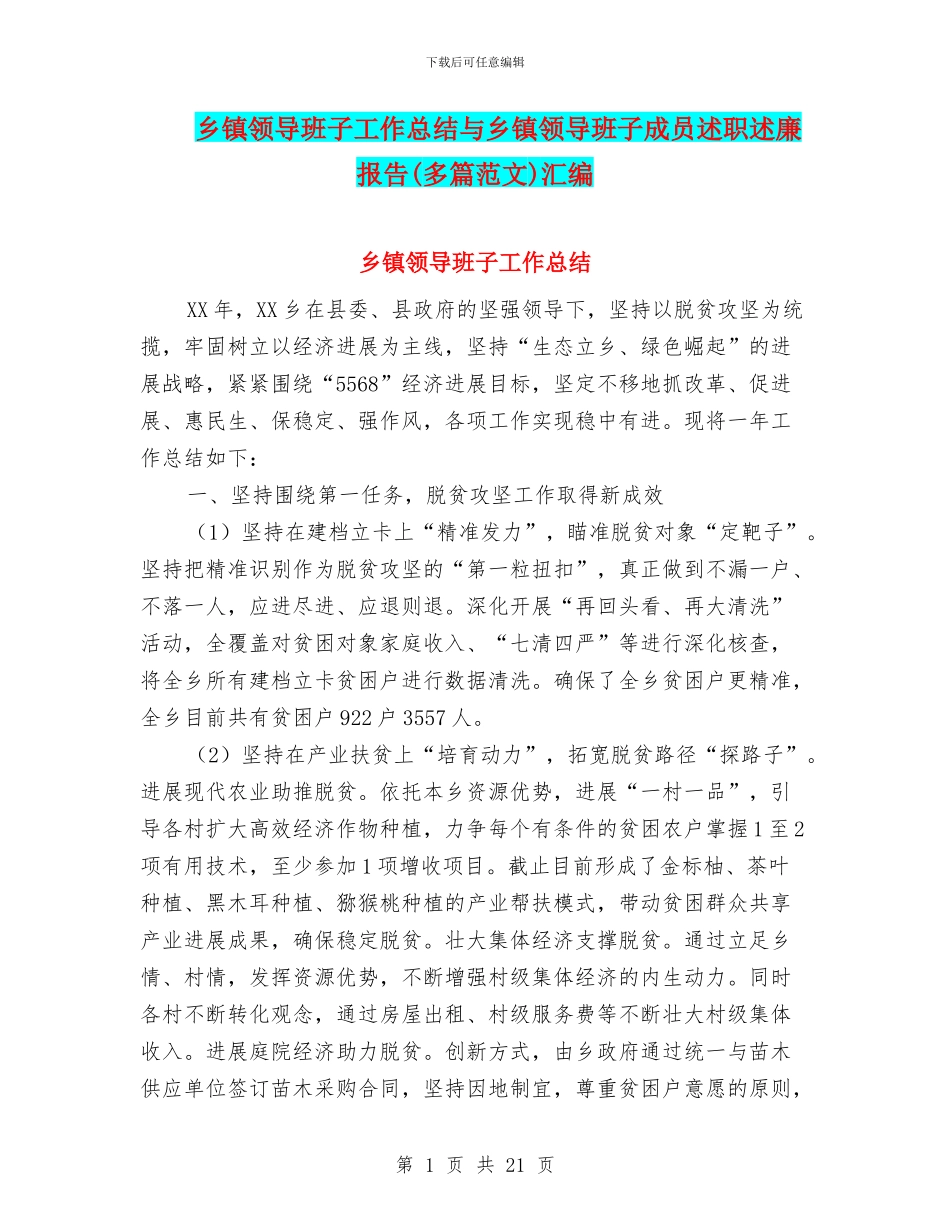 乡镇领导班子工作总结与乡镇领导班子成员述职述廉报告汇编_第1页