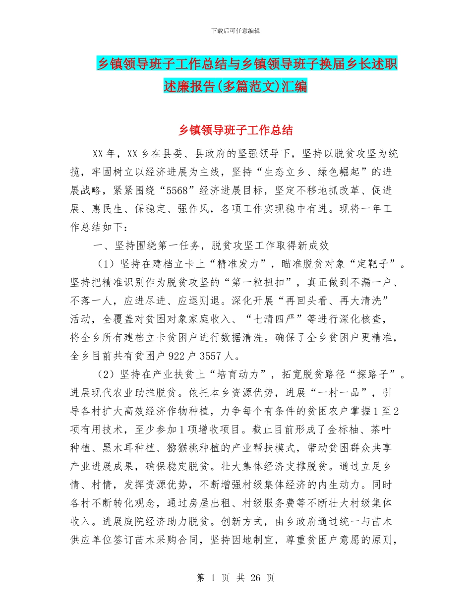 乡镇领导班子工作总结与乡镇领导班子换届乡长述职述廉报告汇编_第1页