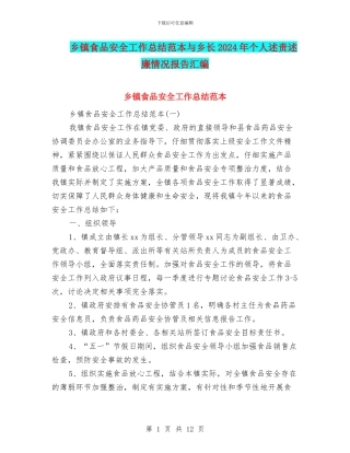 乡镇食品安全工作总结范本与乡长2024年个人述责述廉情况报告汇编