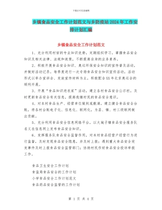 乡镇食品安全工作计划范文与乡防疫站2024年工作安排计划汇编