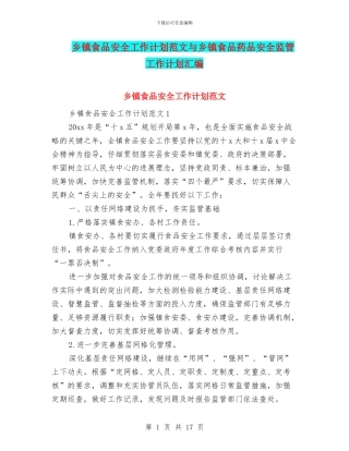 乡镇食品安全工作计划范文与乡镇食品药品安全监管工作计划汇编