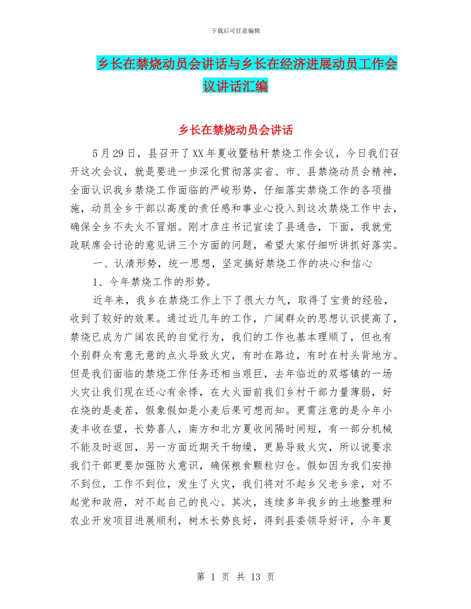 乡长在禁烧动员会讲话与乡长在经济发展动员工作会议讲话汇编_第1页