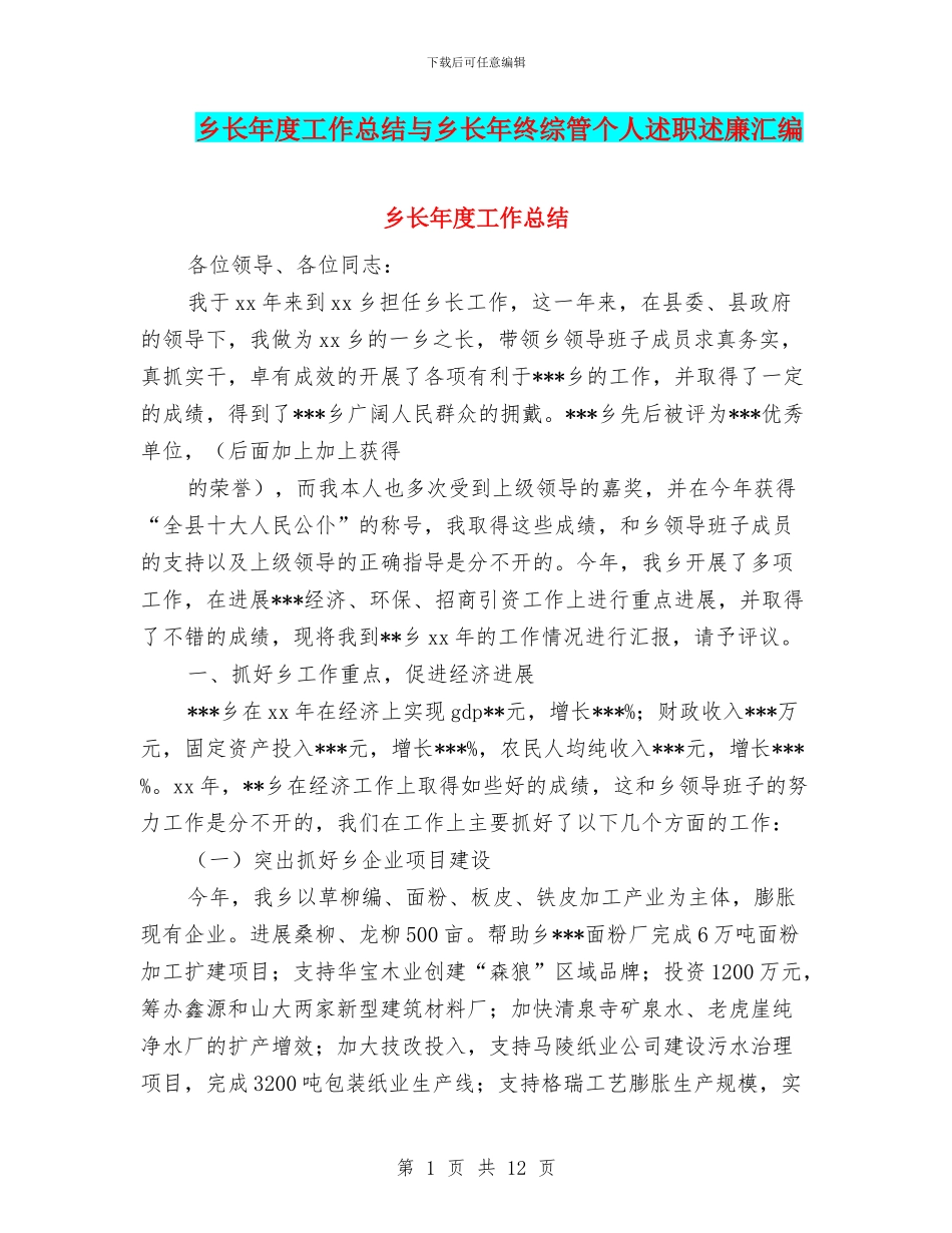乡长年度工作总结与乡长年终综管个人述职述廉汇编_第1页