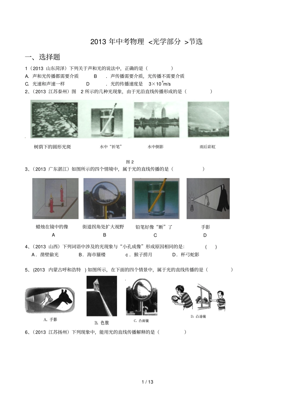 中考物理光学部分节选有_第1页