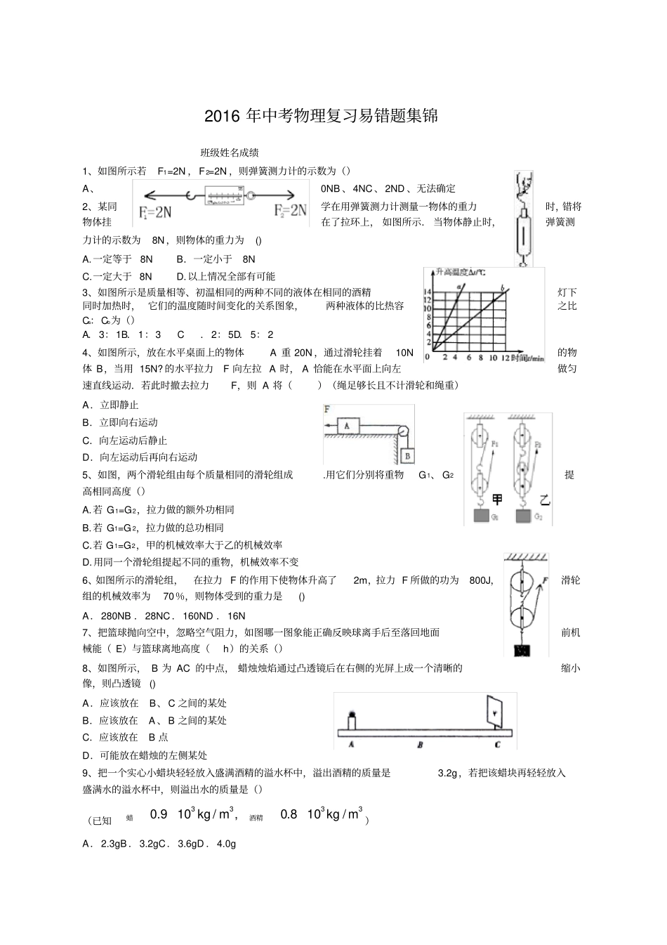 中考物理复习易错题集锦_第1页