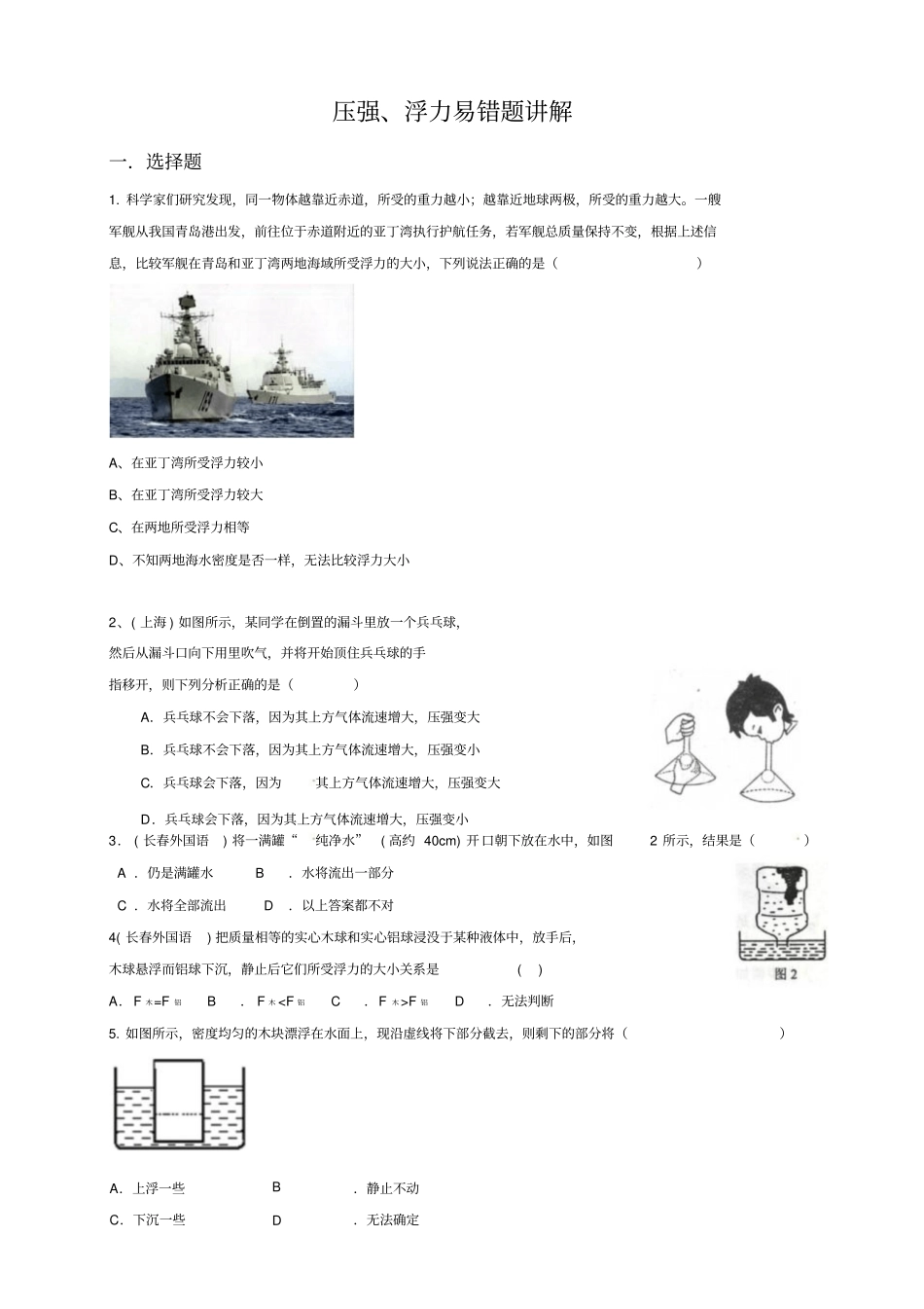 中考物理浮力压强易错题+历年中考题_第1页