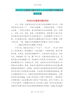 书记在灾后重建专题会讲话与书记在烟草市场整治会发言汇编