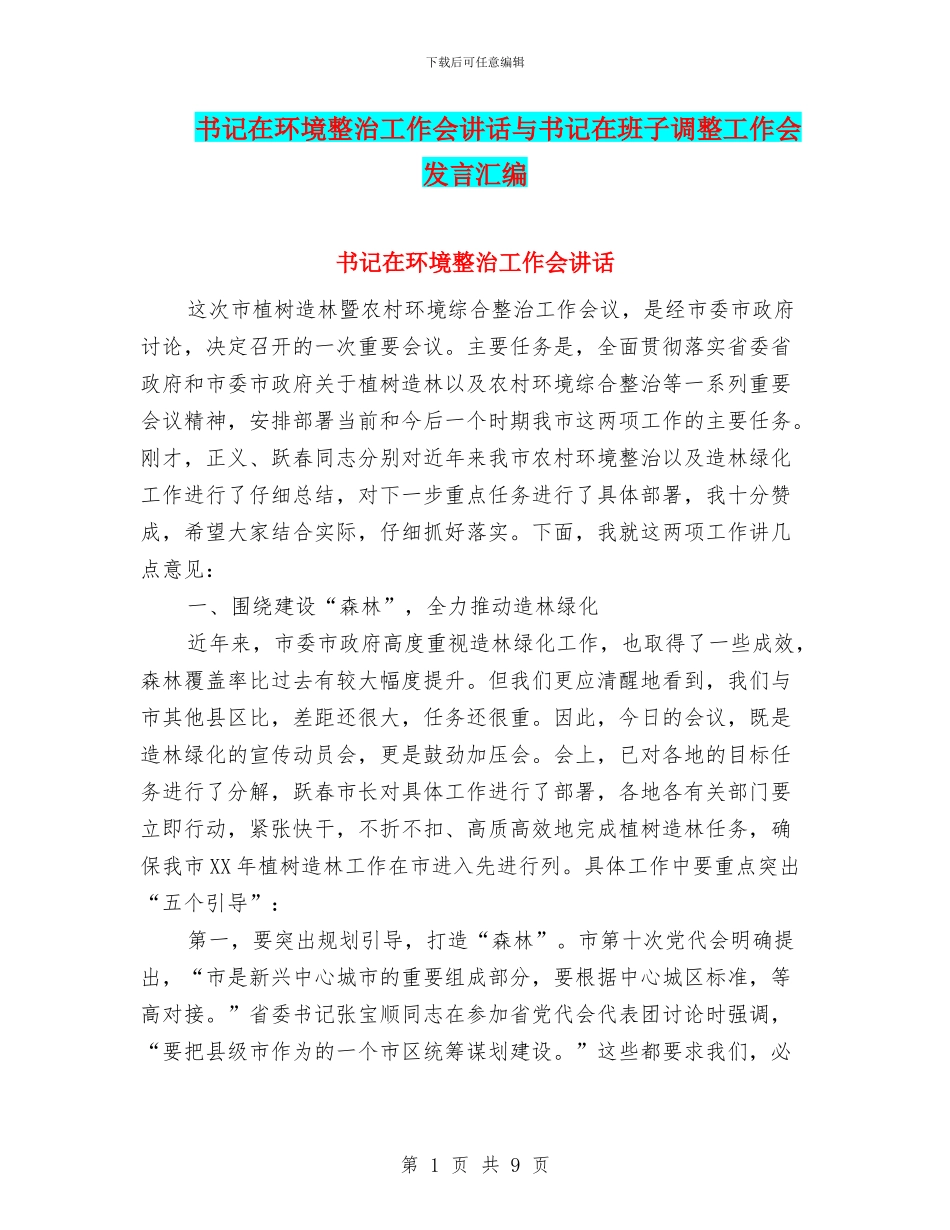 书记在环境整治工作会讲话与书记在班子调整工作会发言汇编_第1页