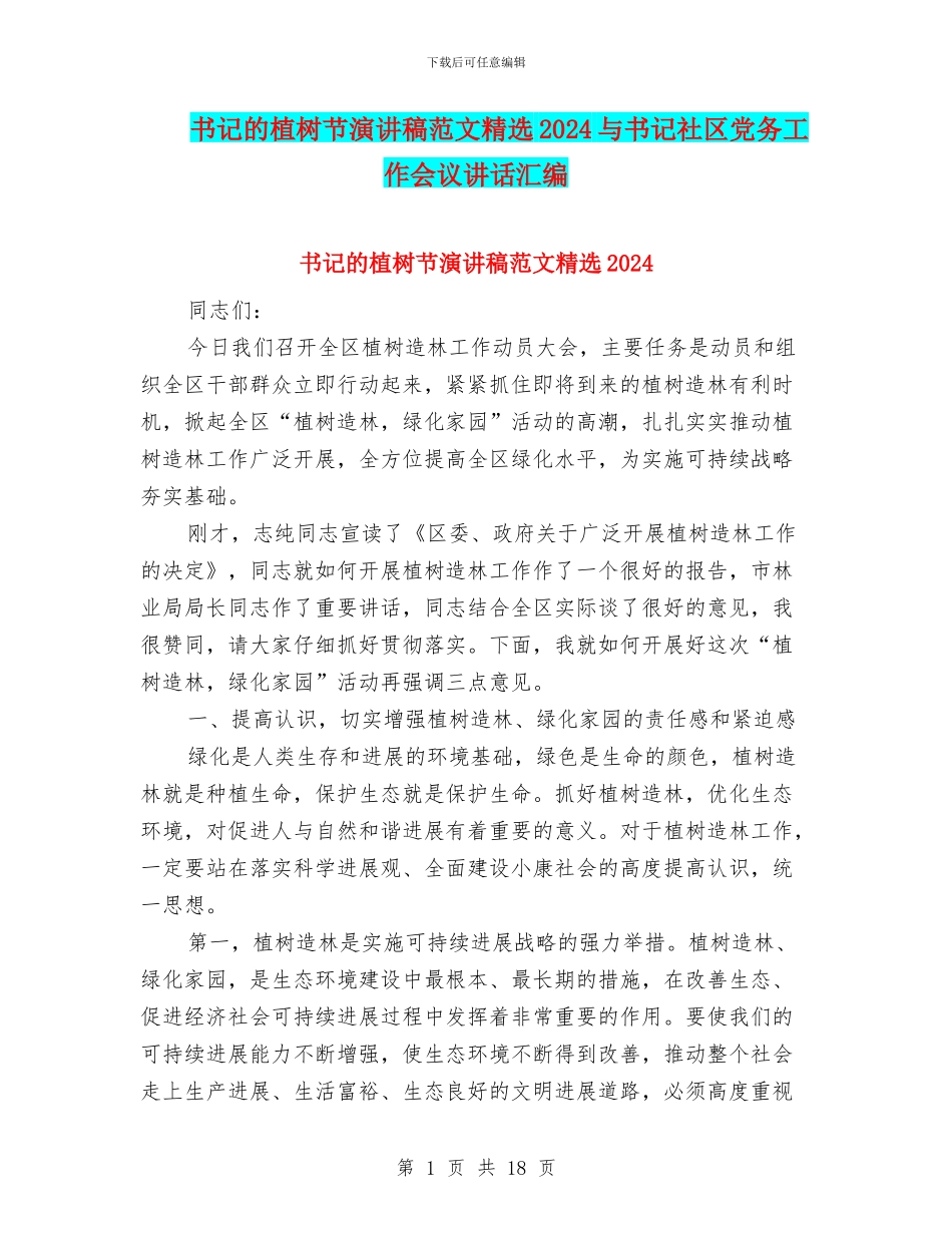 书记的植树节演讲稿范文精选2024与书记社区党务工作会议讲话汇编_第1页
