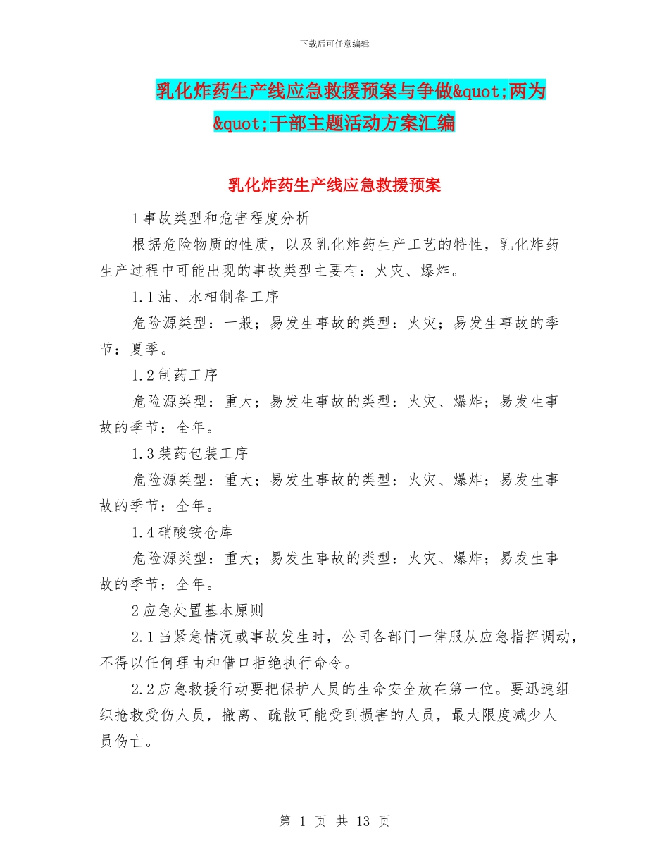 乳化炸药生产线应急救援预案与争做&quot;两为&quot;干部主题活动方案汇编_第1页