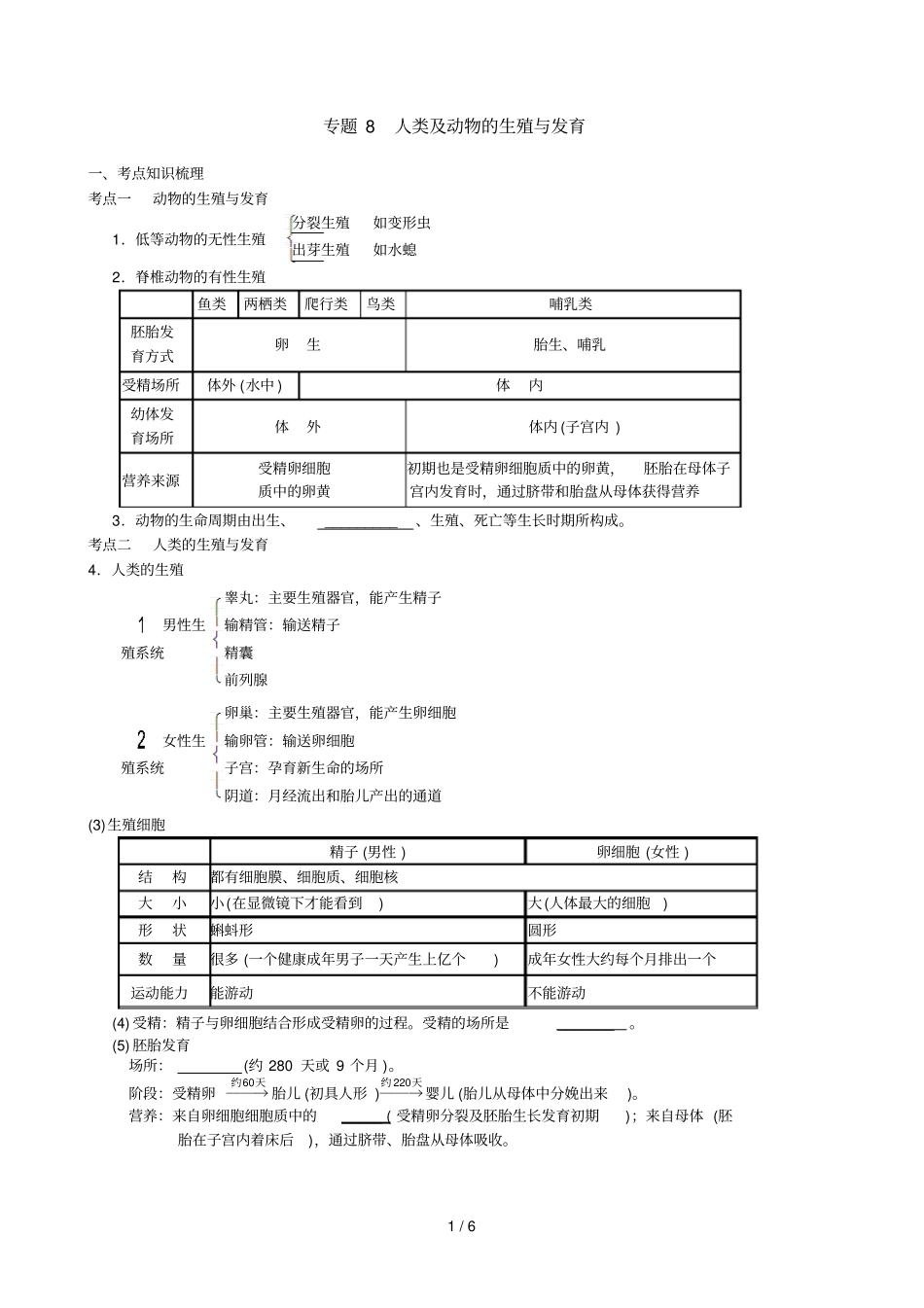 中考科学总复习专题-人类及动物的生殖与发育_第1页
