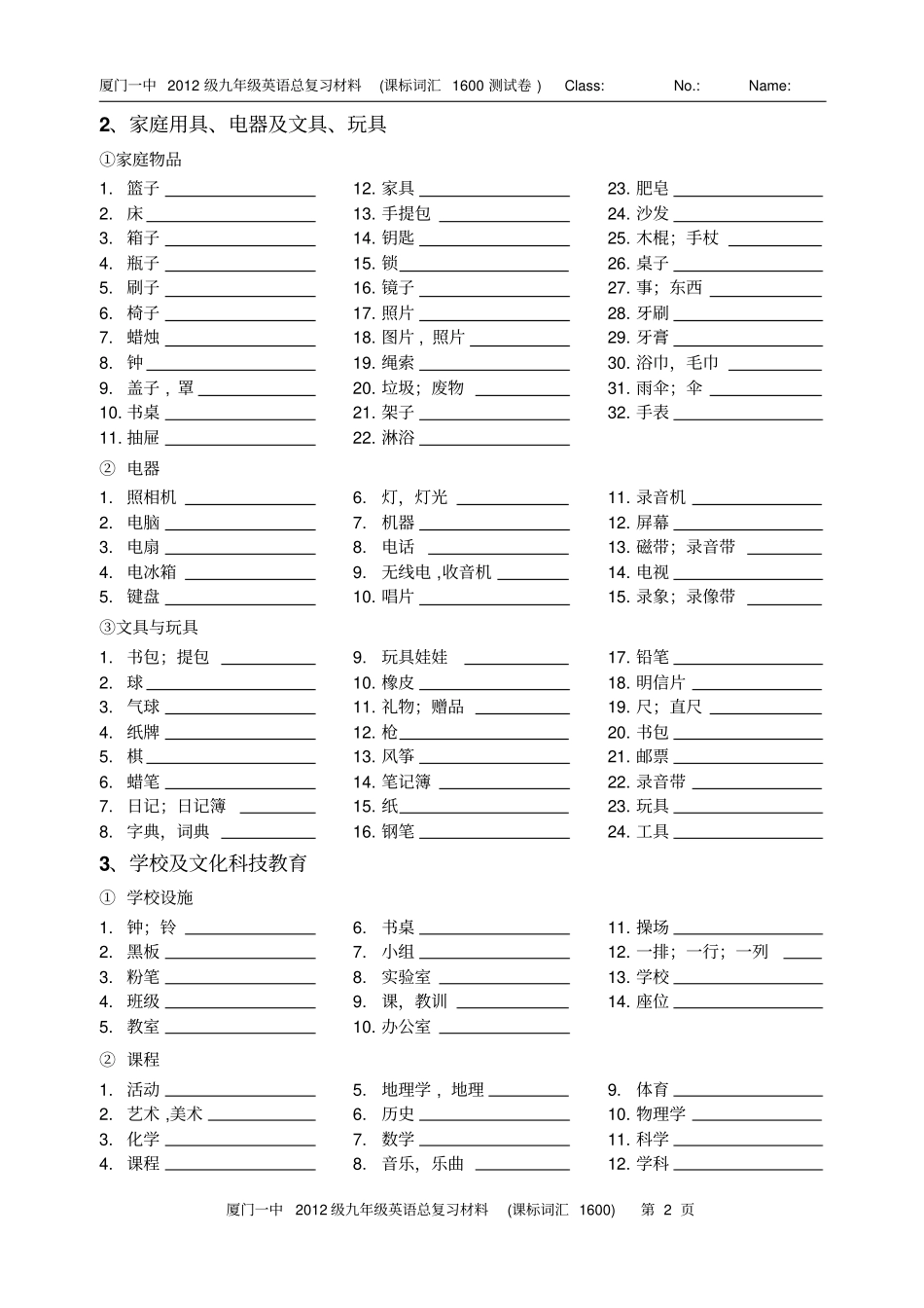 中考英语1600标准词汇分类速记表-测试卷整理中分析_第2页