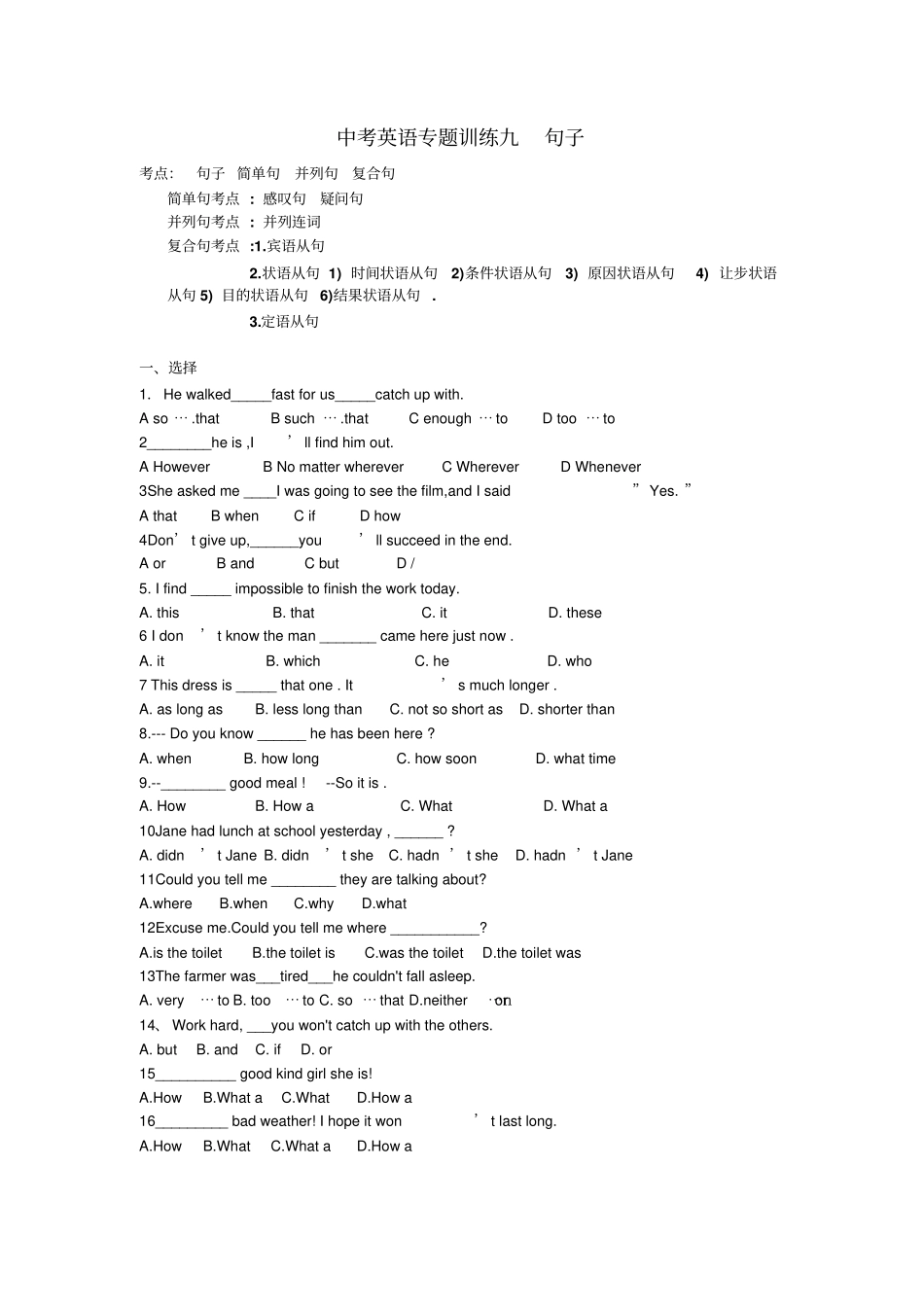 中考英语专题训练九句子_第1页
