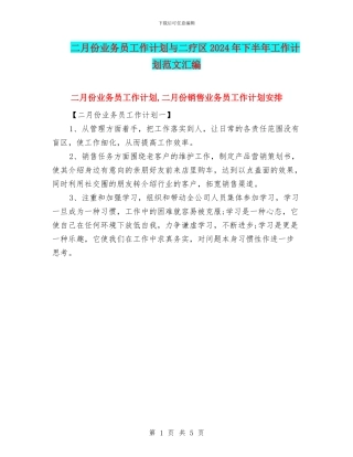 二月份业务员工作计划与二疗区2024年下半年工作计划范文汇编