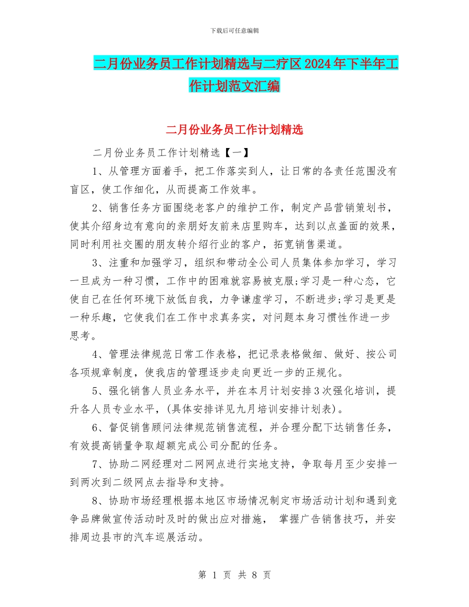 二月份业务员工作计划精选与二疗区2024年下半年工作计划范文汇编_第1页