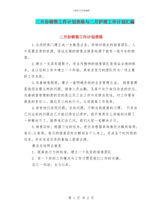 二月份销售工作计划表格与二月护理工作计划汇编