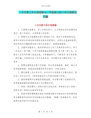 二月月度工作计划表格与二甲医院儿科工作计划例文汇编