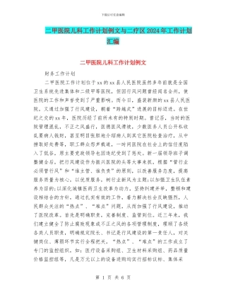 二甲医院儿科工作计划例文与二疗区2024年工作计划汇编