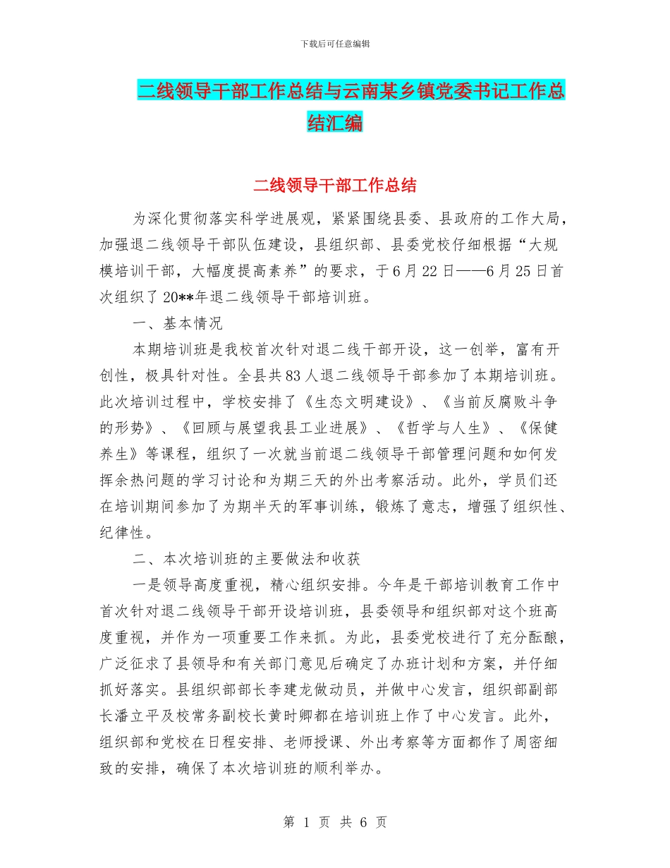 二线领导干部工作总结与云南某乡镇党委书记工作总结汇编_第1页
