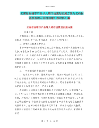 云南省曲靖市产品导入期市场策划实施方案与云屿村基层组织示范村创建汇报材料汇编