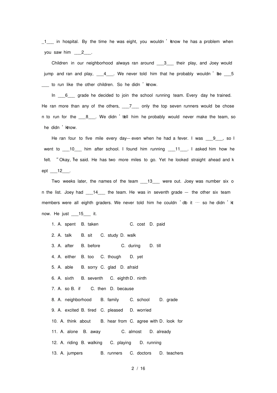 中考英语完形填空讲解与练习_第2页