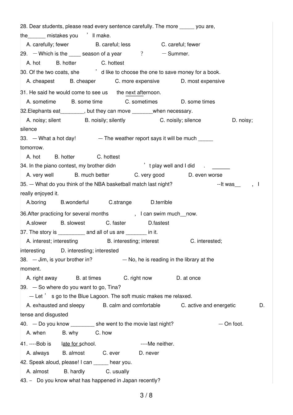 中考英语形容词与副词选择专项练习_第3页