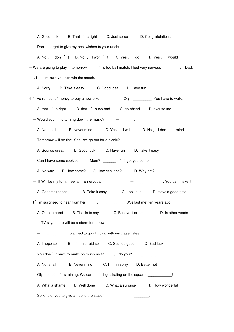 中考英语情景交际单项选择试题大全_第2页