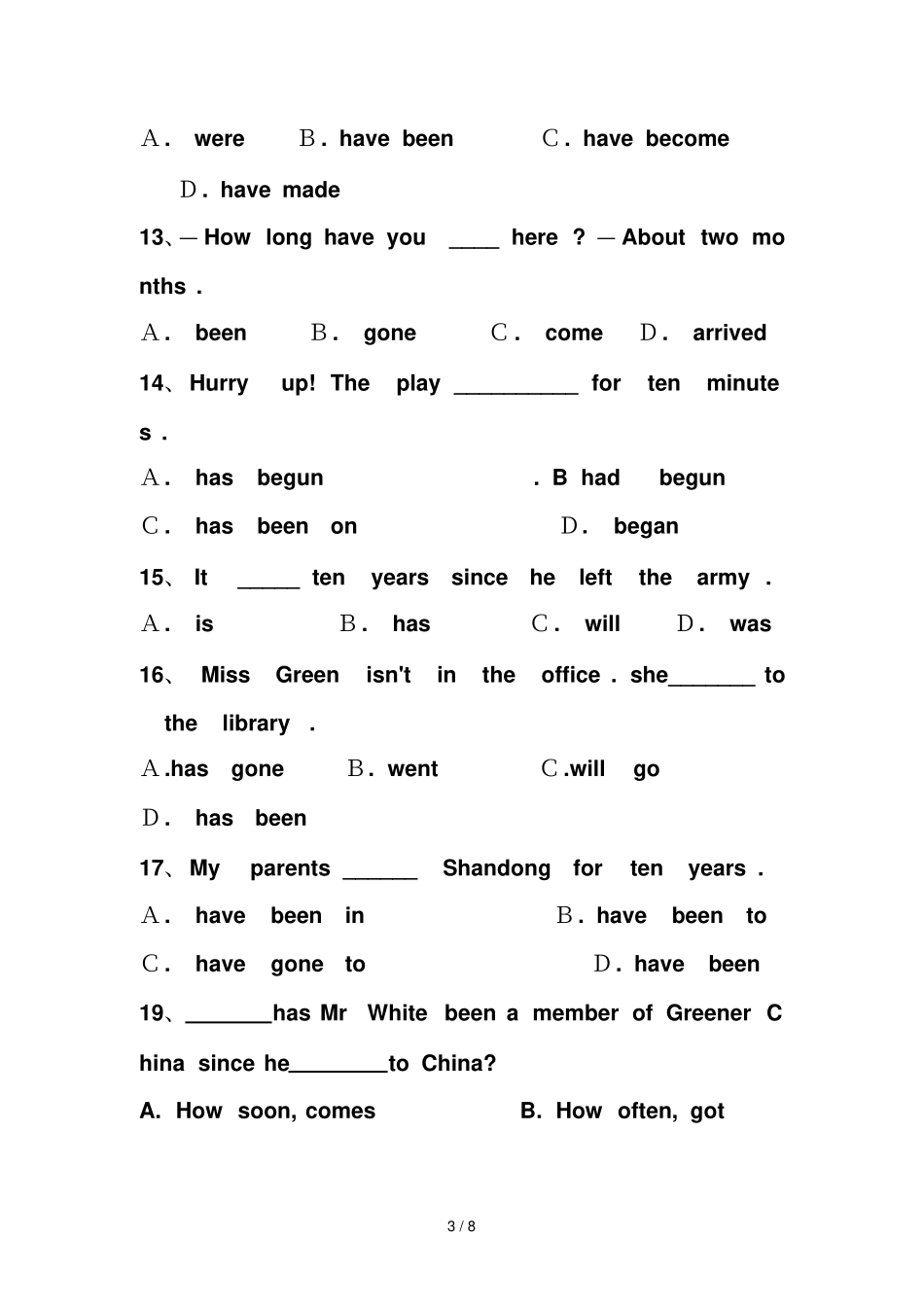 中考英语现在完成时专项练习题及答案学习啊_第3页