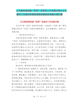 五乡镇党委创建“四型”党组织工作实施方案与五乡镇关于加强农村基层党组织建设的实施方案汇编