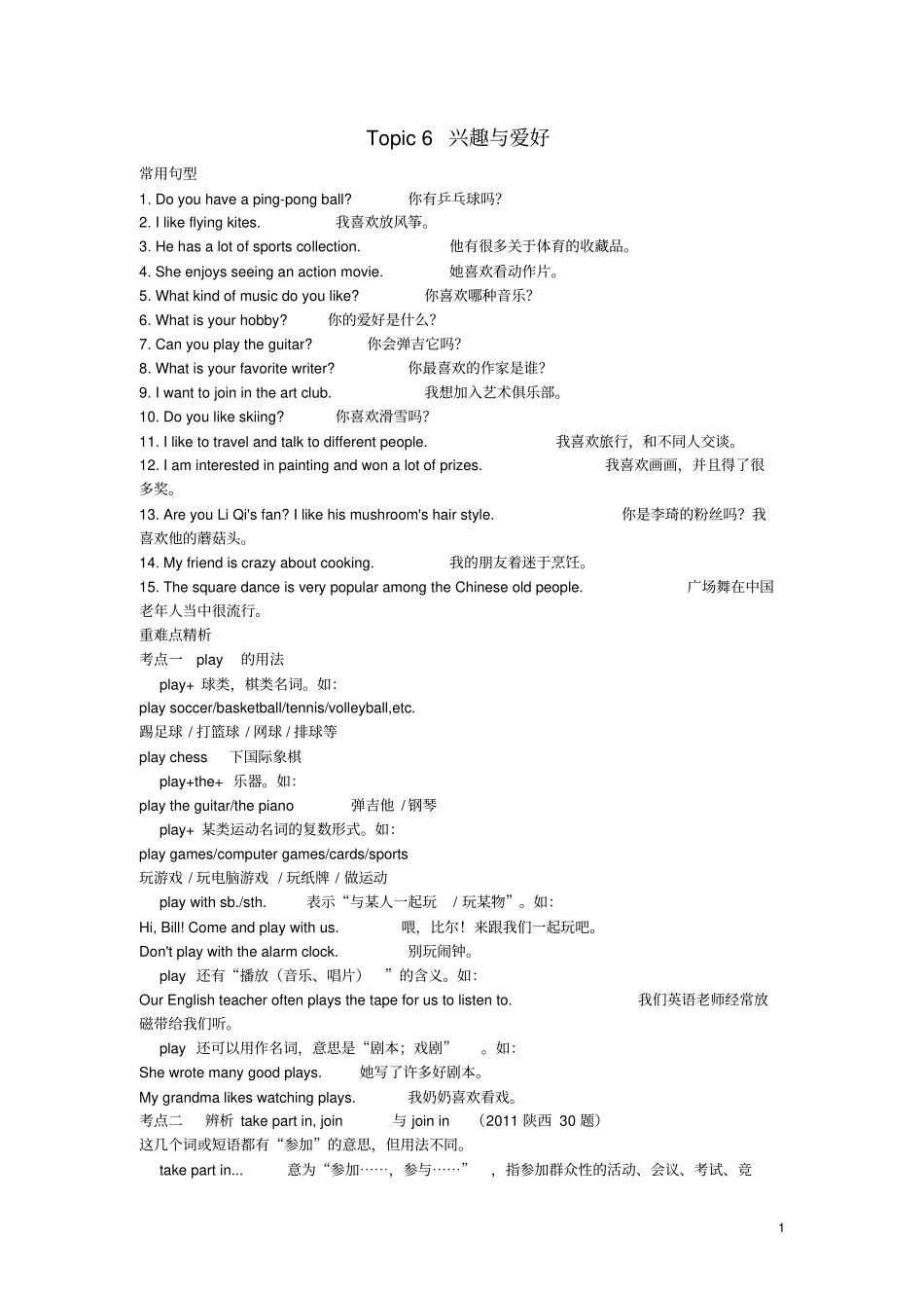 中考英语话题知识拓展Topic6兴趣与爱好常用句型+重难点解析_第1页