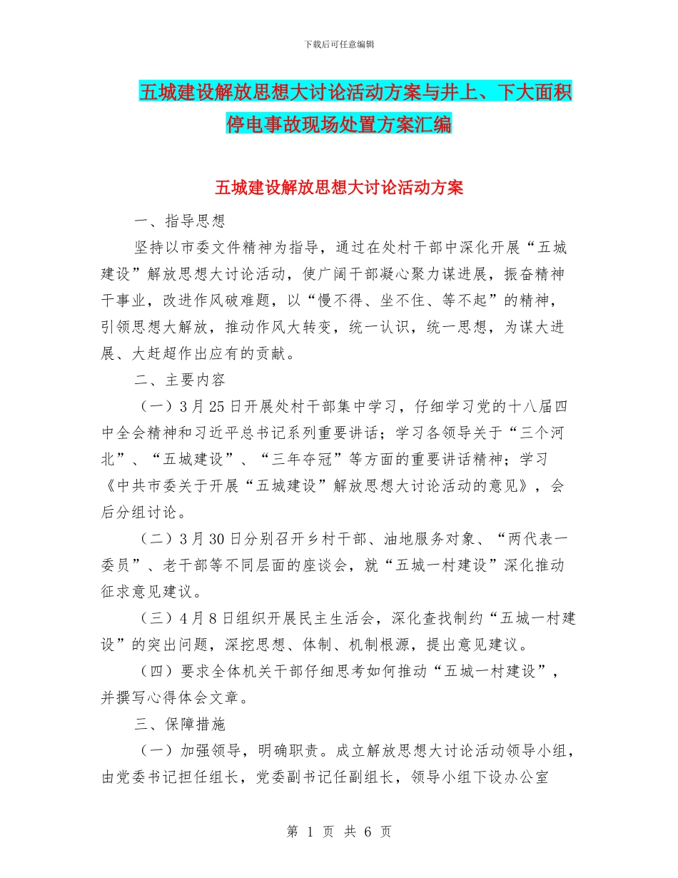 五城建设解放思想大讨论活动方案与井上、下大面积停电事故现场处置方案汇编_第1页