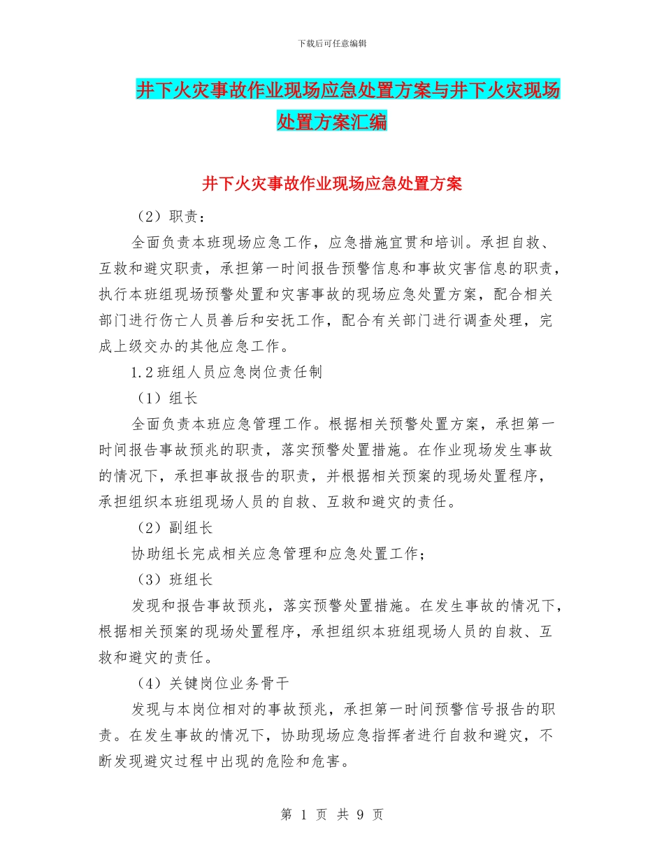 井下火灾事故作业现场应急处置方案与井下火灾现场处置方案汇编_第1页